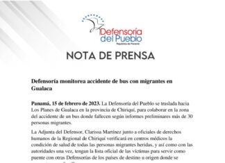 Defensoría del Pueblo se pronuncia sobre accidente fatal que involucra a personas migrantes y panameños